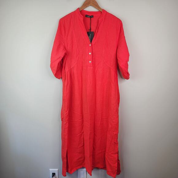 NWT Francesca Bettini Made In Italy Shirt Dress Red Linen Blend Pockets Size M - Picture 3 of 10
